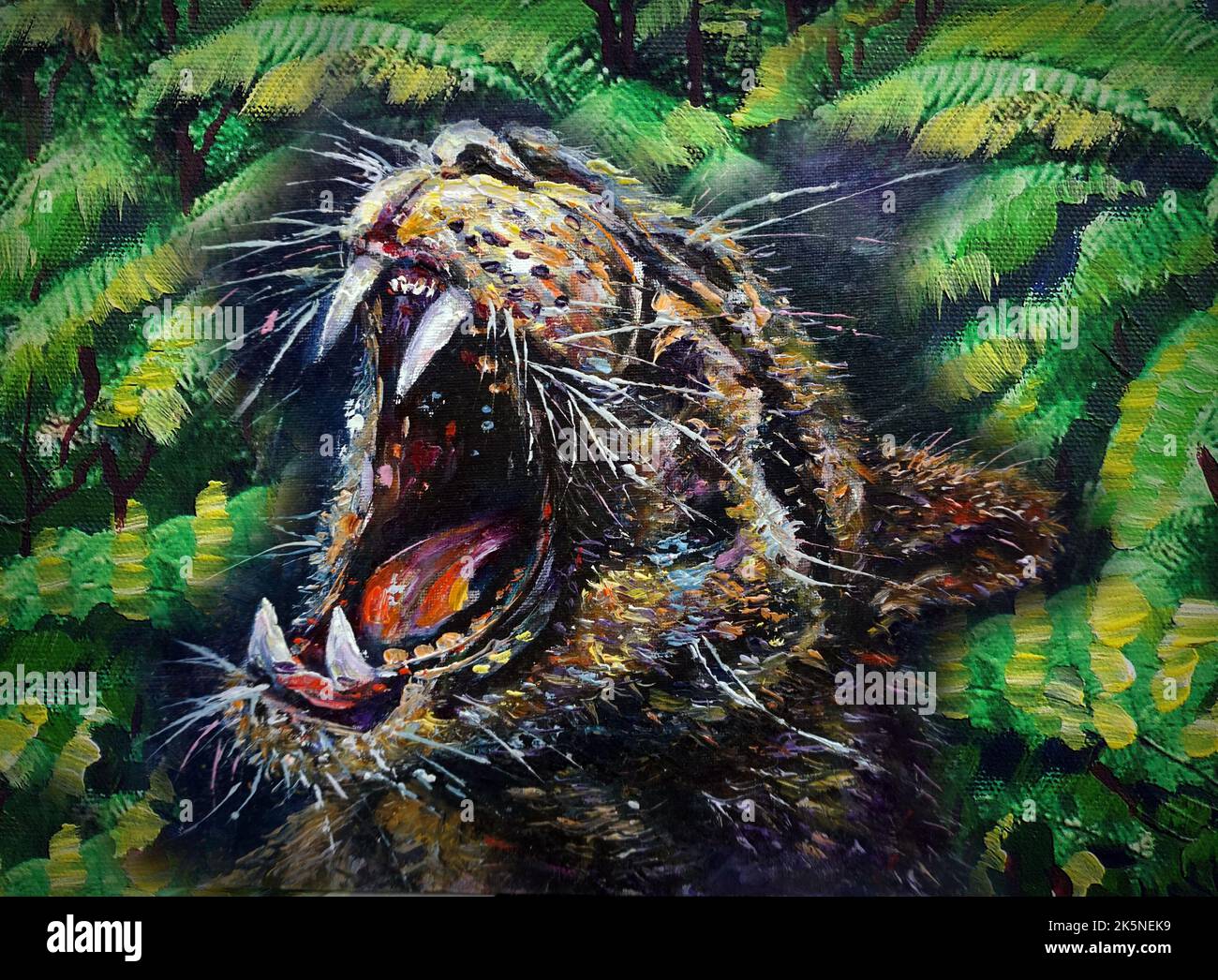 Ölgemälde Tiger gähnend im Regenwald Stockfoto