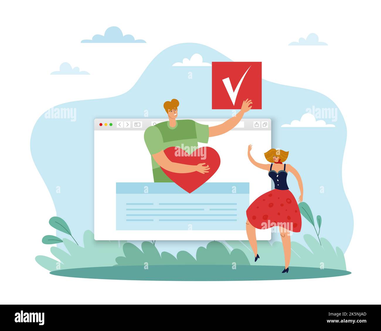 Verifizierte Identität, Genehmigungskontrolle und positiver Autorisierungsprozess. Browser oder Social-Media-Seite mit genehmigter Zeichen- und Herzensbestätigung, Profilvalidierung Stock Vektor