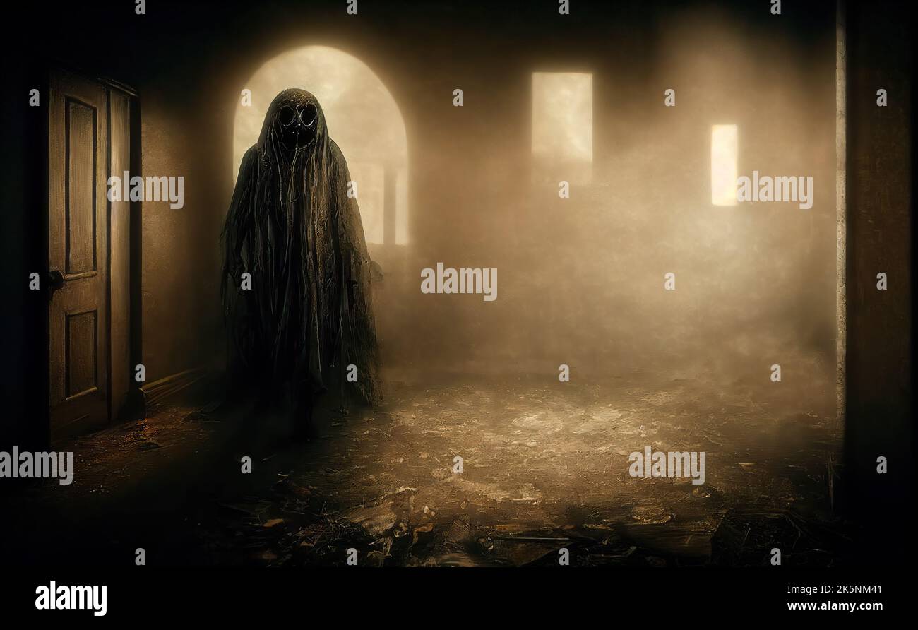 Gruselige geisterhafte halloween-Figur in verfallenen Kleidern in verlassenen Haus, Nebel oder Staub gefüllten Raum mit Schutt auf dem Boden. Sepia getönte 3D digitale Illust Stockfoto