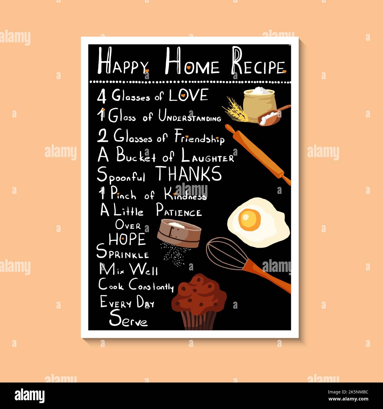 Happy Home Rezept. Rezept geschrieben mit Küchenzutaten auf schwarzem Hintergrund. Dekorative Handschrift, Rezept für Glück. Stock Vektor