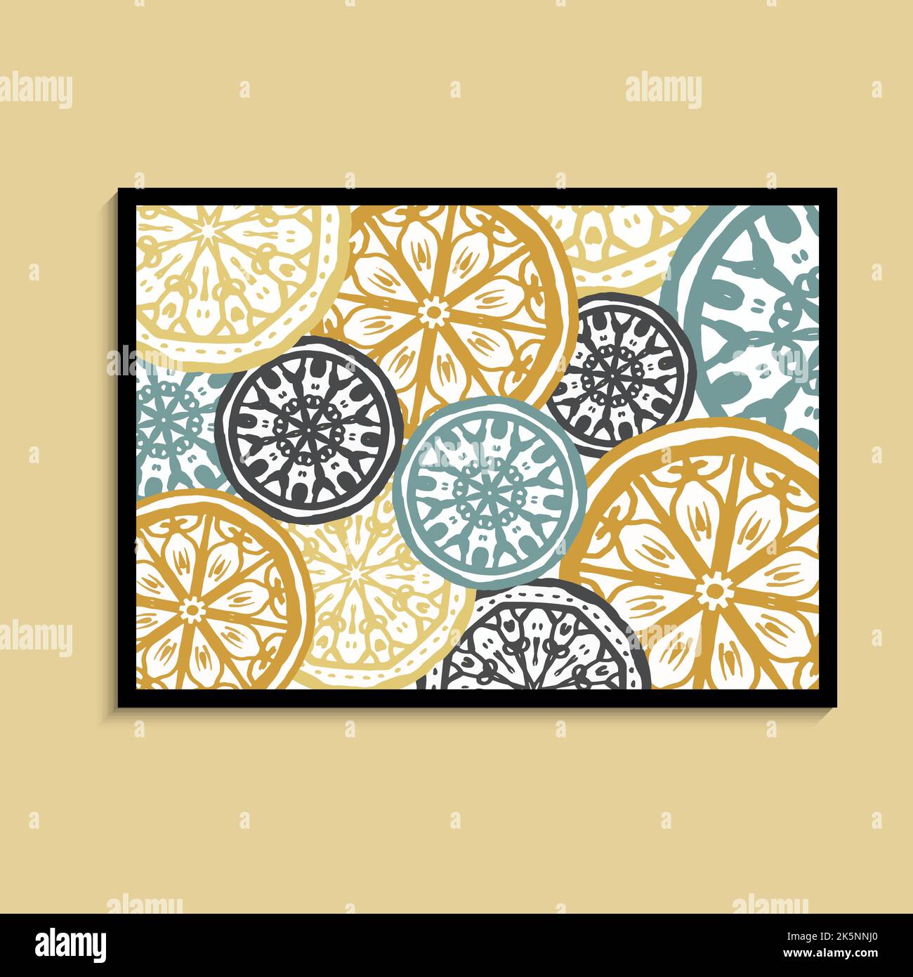 Mandala-farbenes Blumenmuster. Gelbe, orange, grüne, graue Farben. Handgezeichnetes Mandala. Runde Elemente. Weißer Hintergrund. Stock Vektor