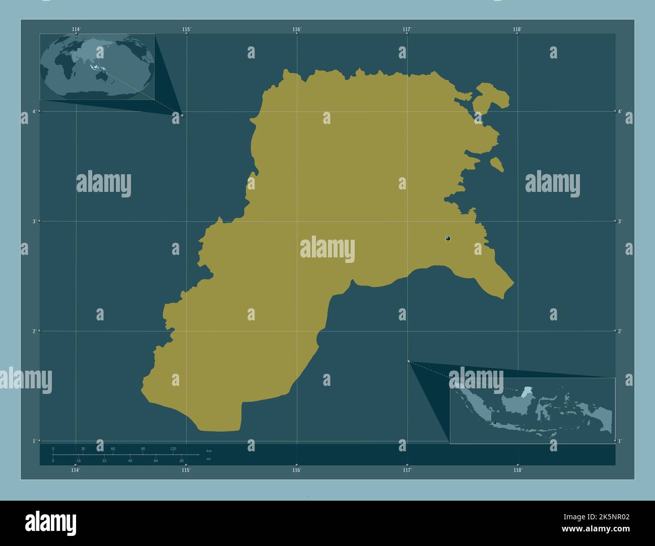 Kalimantan Utara, Provinz Indonesien. Einfarbige Form. Standorte der wichtigsten Städte der Region. Karten für zusätzliche Eckposition Stockfoto