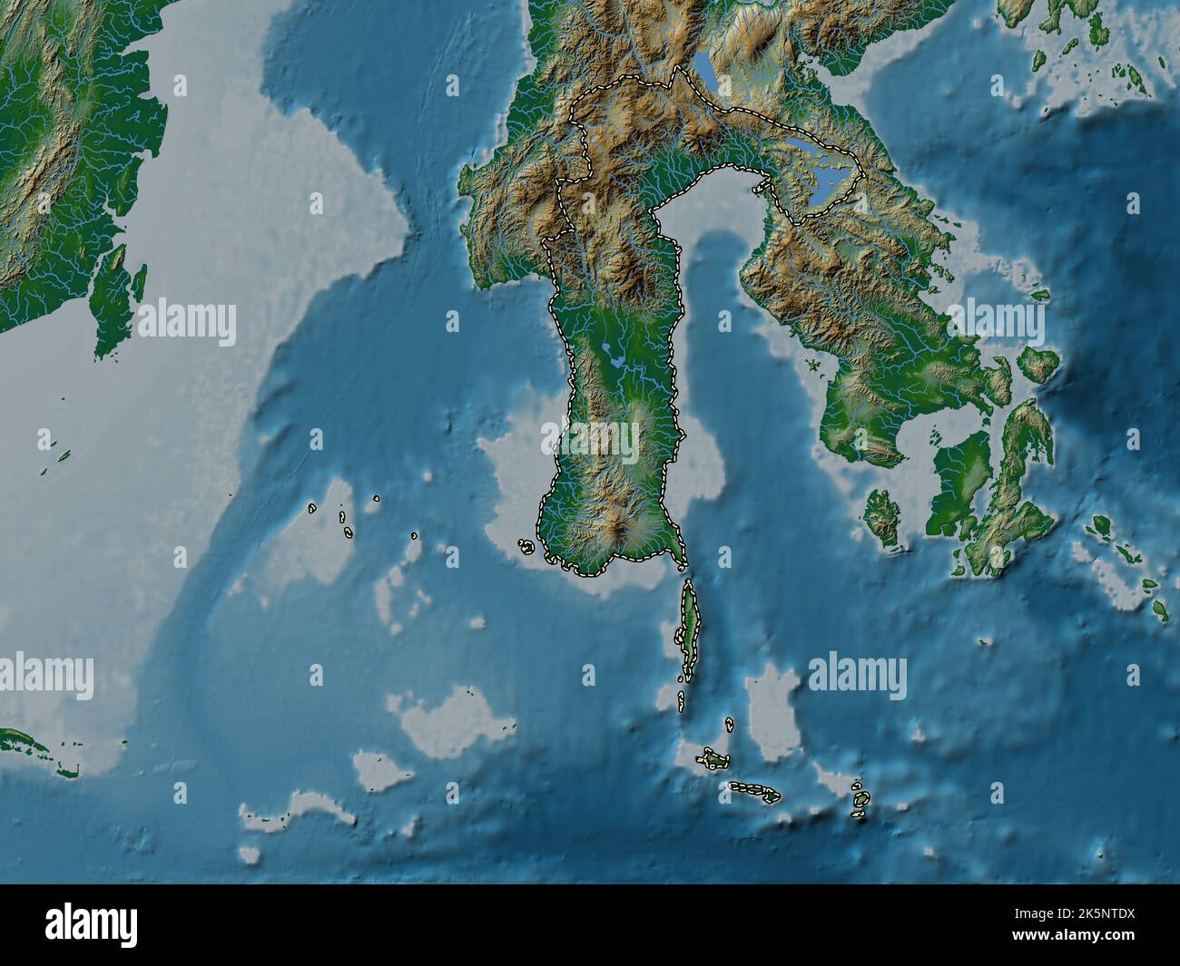 Sulawesi Selatan, Provinz Indonesien. Farbige Höhenkarte mit Seen und Flüssen Stockfoto