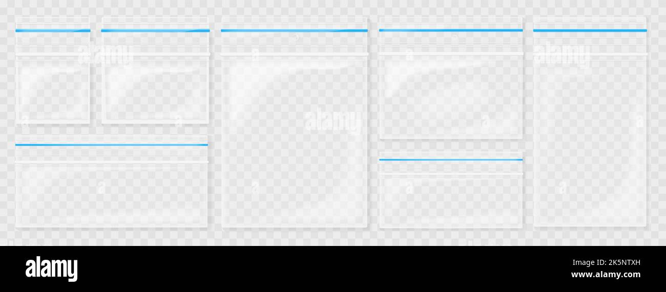 Transparente versiegelte Taschen aus Kunststoff Sammlung. Leere Vakuum-Reißverschlusstasche. Polyethylen-Behälter auf transparenter Hintergrund-Vektorgrafik gesetzt Stock Vektor