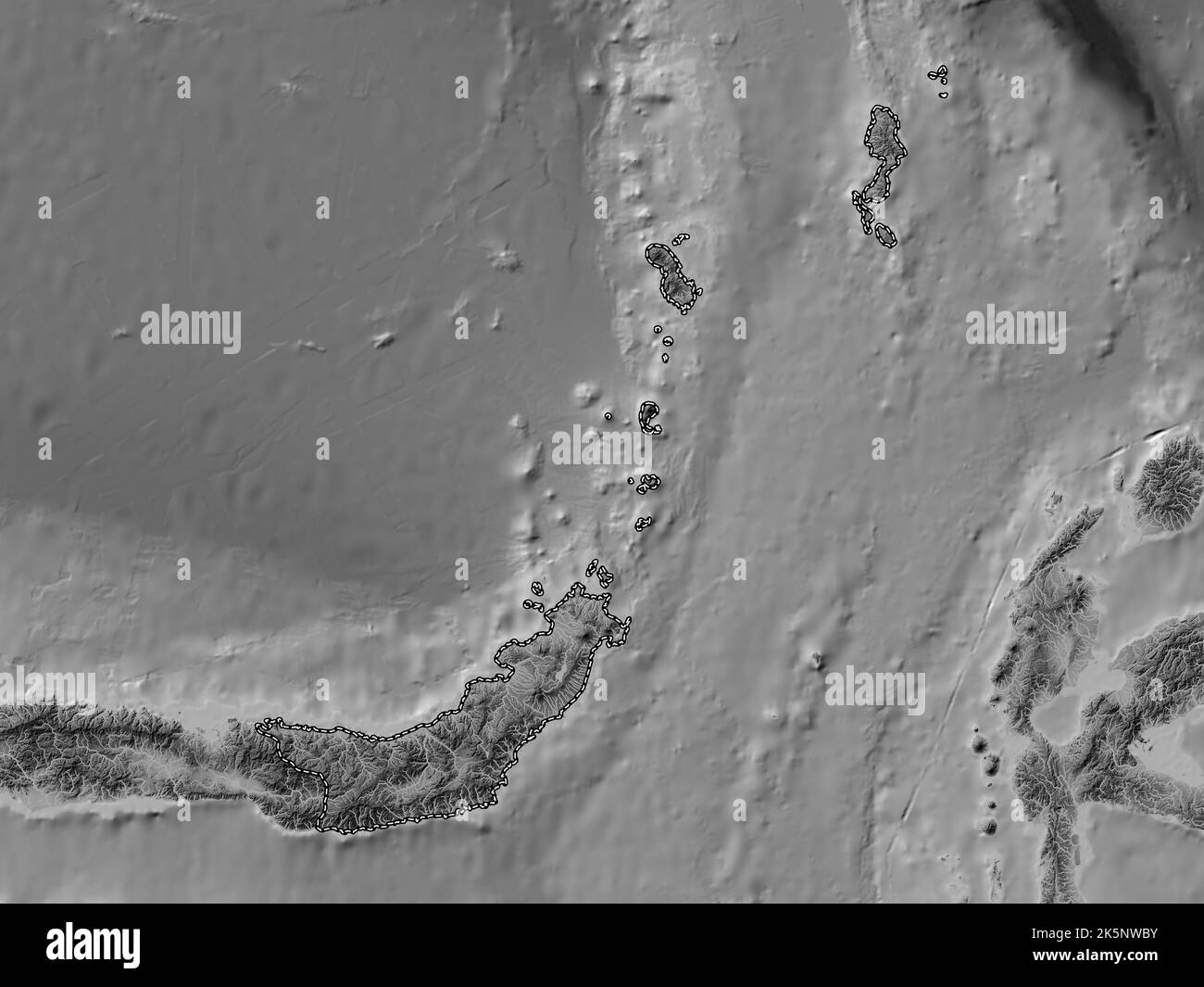 Sulawesi Utara, Provinz Indonesien. Höhenkarte in Graustufen mit Seen und Flüssen Stockfoto