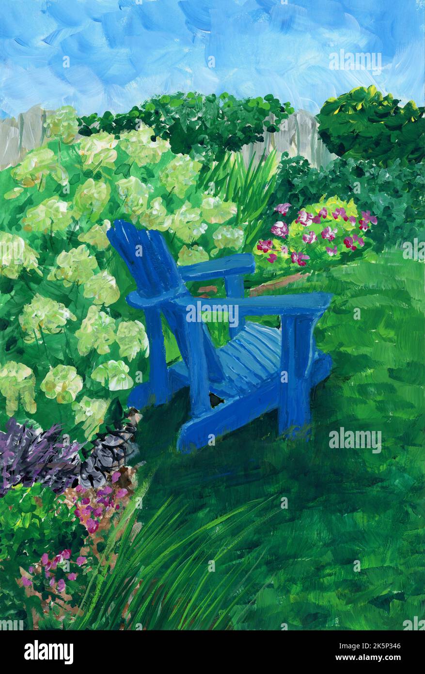 Gouache-Gemälde eines Adirondack-Stuhls in einem Garten im Hinterhof. Stockfoto