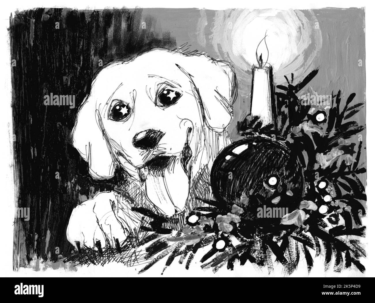 Weihnachten, handgemachte Karte, Version mit Haustieren. Fröhlicher Hund bei der Weihnachtskerze. Monochrome Illustration von Hand gefertigt. Stockfoto