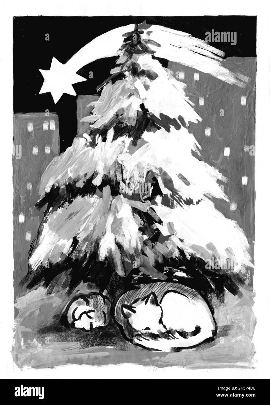 Weihnachtsfeiertag, handgemachte Karte, tierische Version. Obdachlose Hunde schlafen unter dem Weihnachtsbaum. Vergessen wir nicht die Haustiere zu Weihnachten. Stockfoto