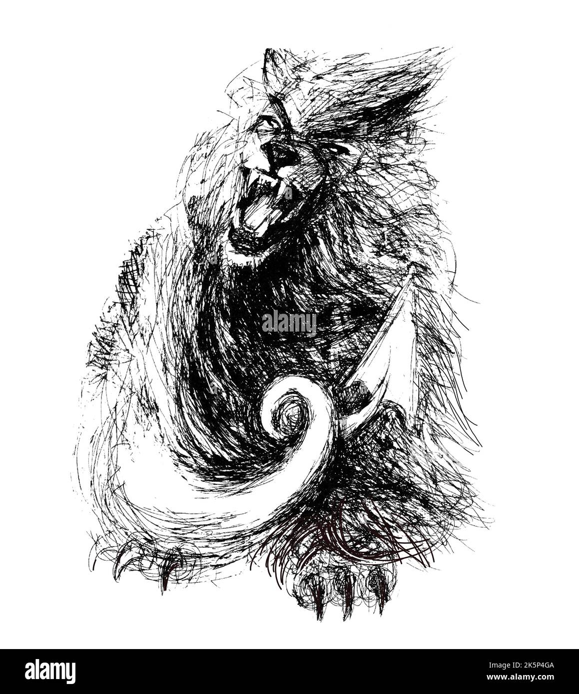 chimera - ein mythisches Tier, ein Löwe mit einem Schlangenschwanz. Schwarz-weiß ausdrucksstarke Illustration mit einer Feder. Stockfoto