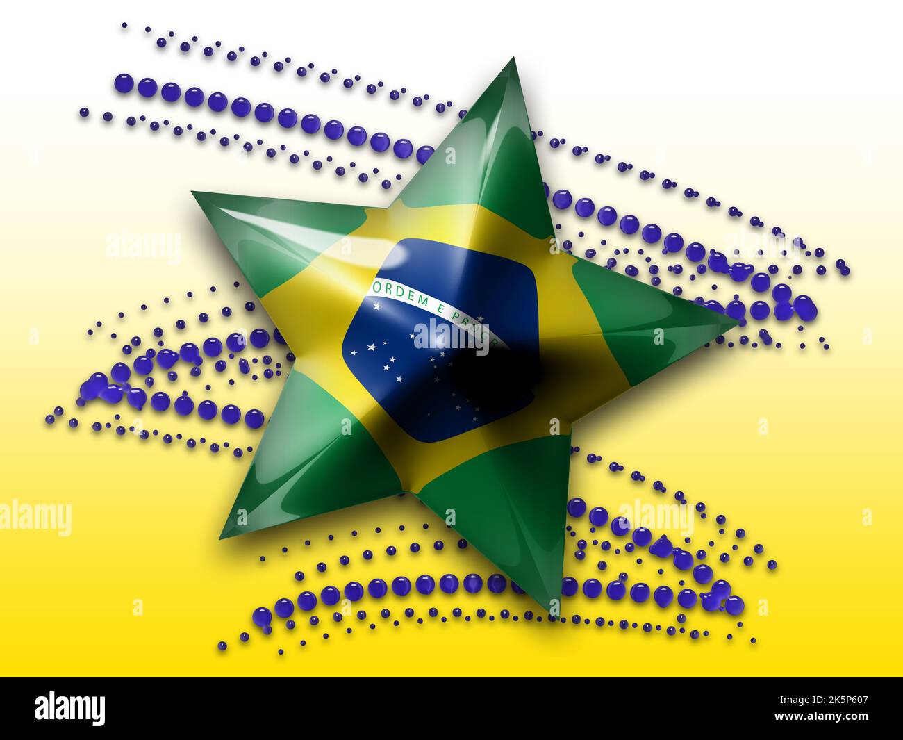 3D ABBILDUNG STERN MIT BRASILIANISCHER FLAGGE AUF GELBEM HINTERGRUND Stockfoto