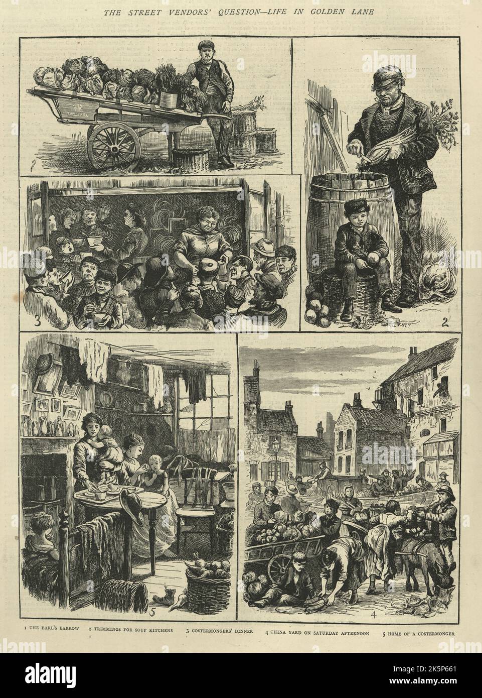 Vintage Illustration von Street Vendors of Golden Lane, London, 1870s, viktorianische 19. Jahrhundert Arbeiterklasse Stockfoto