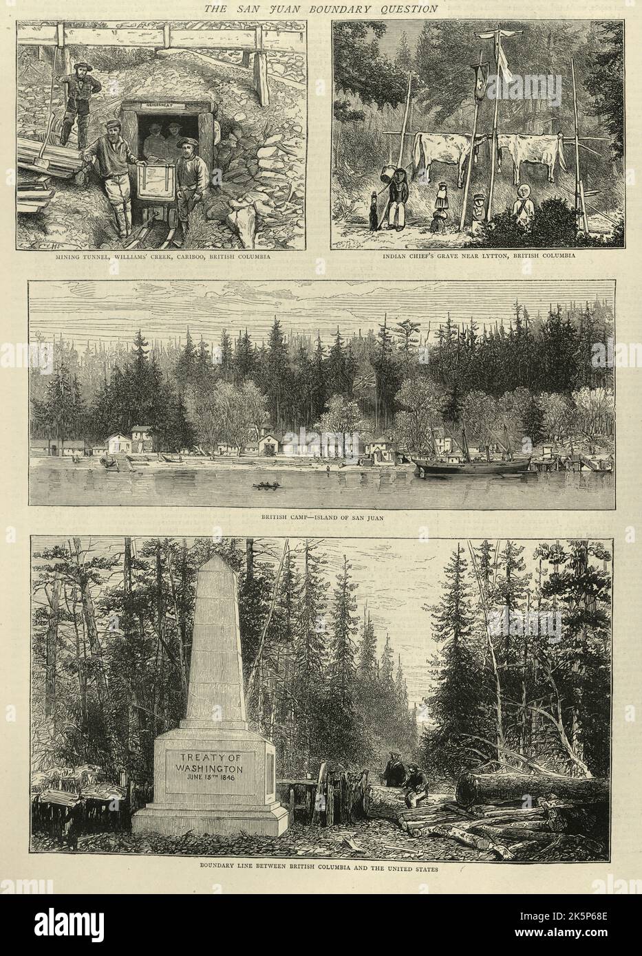 Szenen aus der Grenze zu San Juan, einer Kontroverse zwischen den Vereinigten Staaten und Großbritannien über die Grenze zwischen den USA und British Columbia. Es wird manchmal als The Northwest Boundary Dispute, 1870s, Victorian, 19. Century bezeichnet Stockfoto