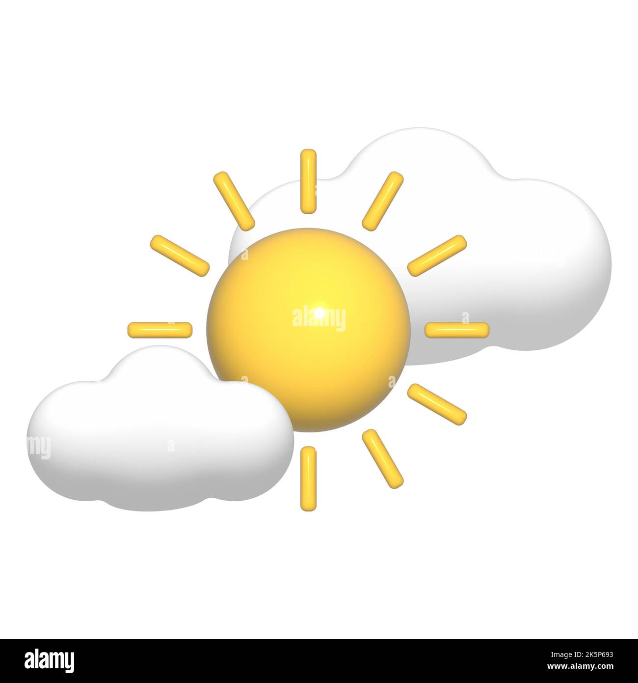 3D Sonne und Wolken weißes Symbol. 3D Wetterelement isoliert auf weißem Hintergrund. Klima-Konzept - weiche Baumwolle Cartoon flauschige Wolke. Kunststoff-sh. Rendern Stockfoto