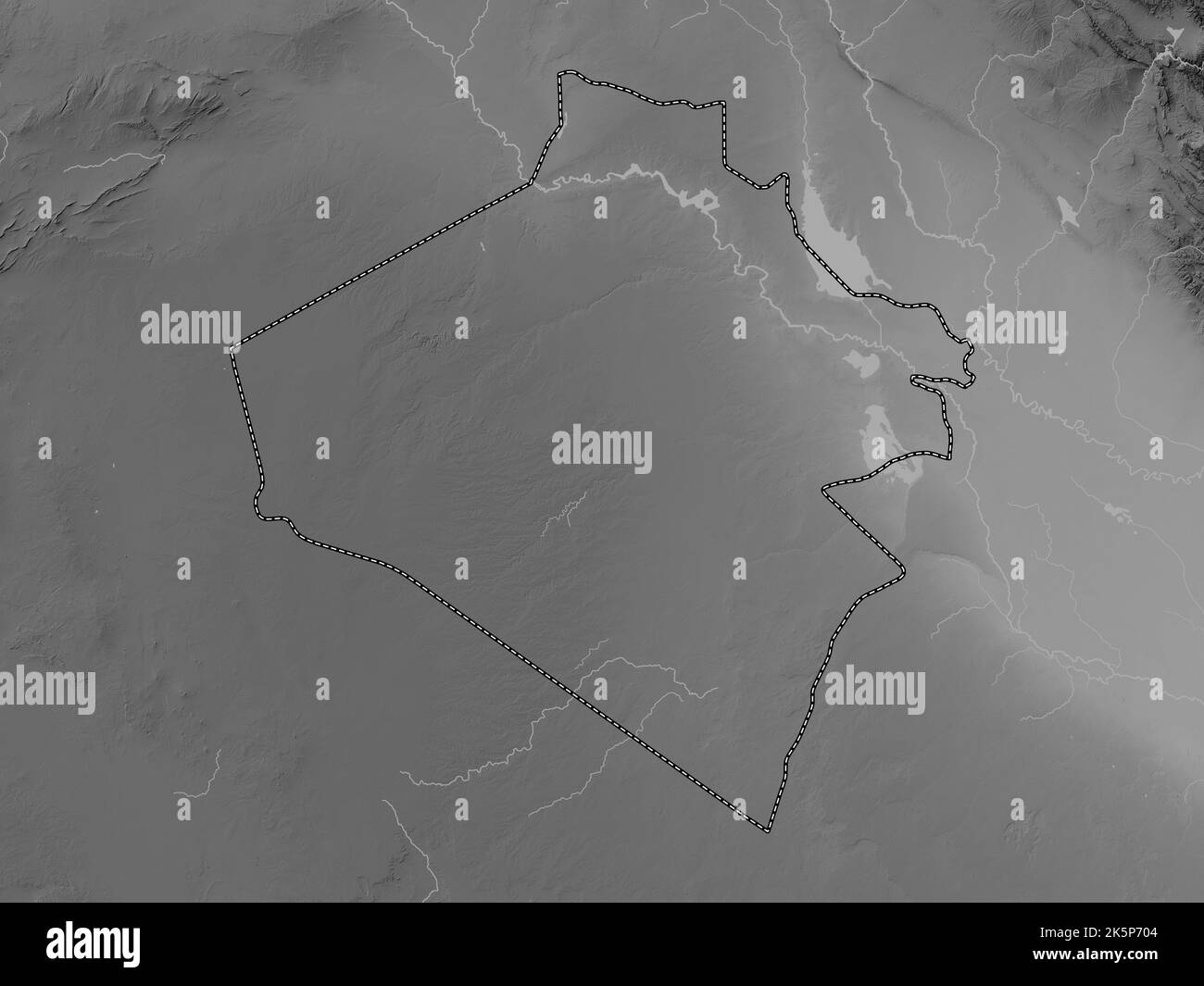 Al-Anbar, Provinz Irak. Höhenkarte in Graustufen mit Seen und Flüssen Stockfoto