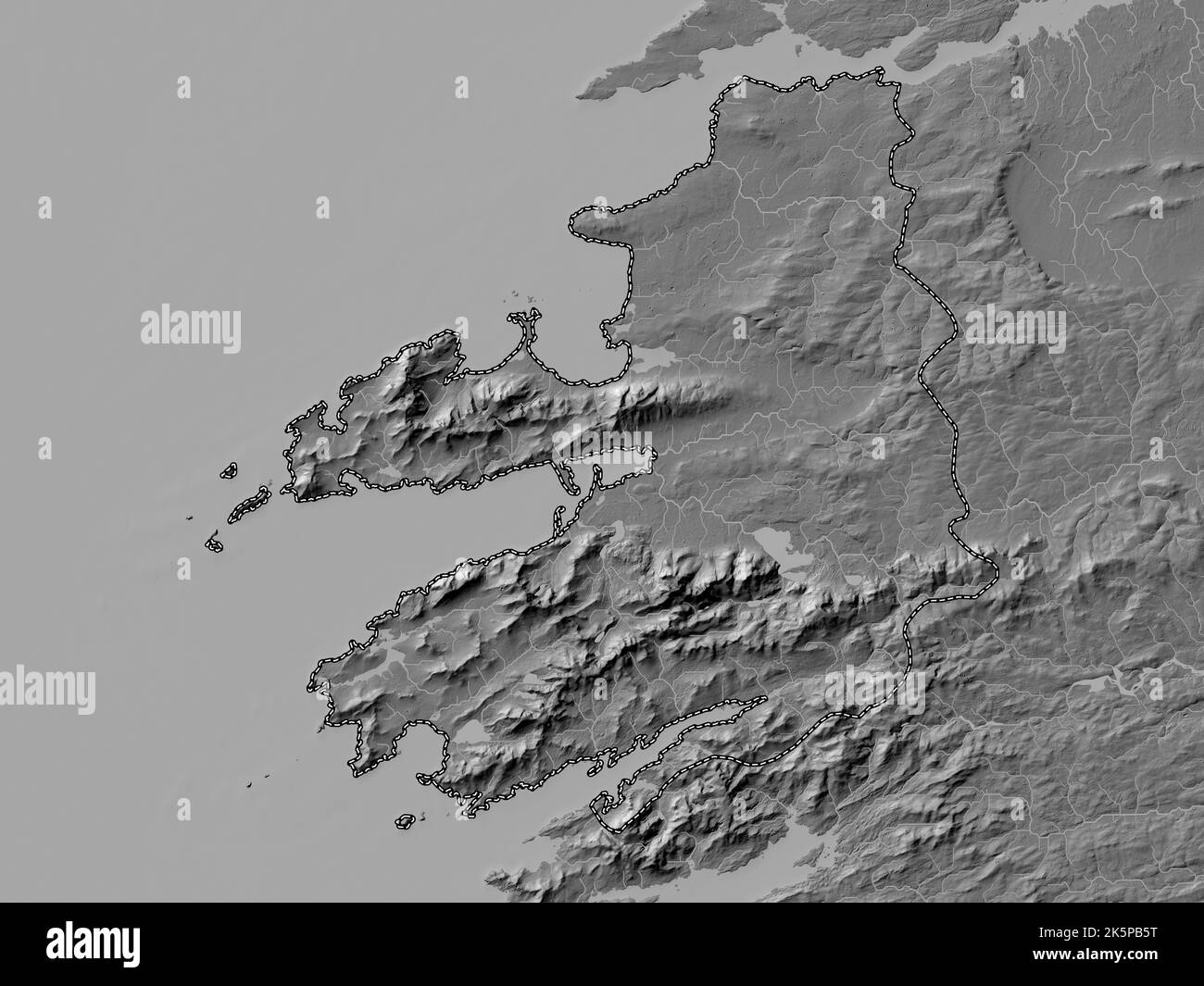 Kerry, Grafschaft Irland. Bilevel-Höhenkarte mit Seen und Flüssen Stockfoto