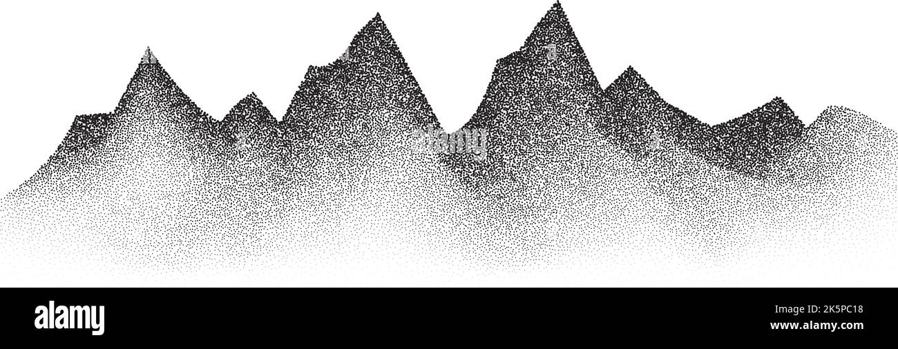 Berge mit Getreideverpflällung. Gepunktete Landschaft und Gelände. Schwarz-weiß körnige Hügel im Dotwork-Stil. Störende stochastische Hintergrundgeräusche. Pointillismus Stock Vektor