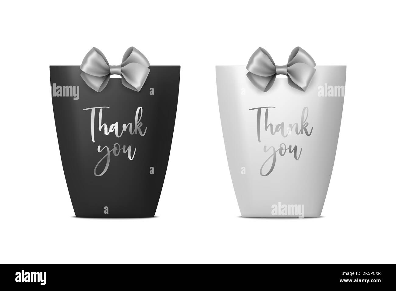 Danke. Vector 3D realistische Schwarz-Weiß-Papier-Geschenktasche, Box für Geburtstag oder Party mit grauer Silberschleife, Band. Tragetasche für Present Icon Set Stock Vektor
