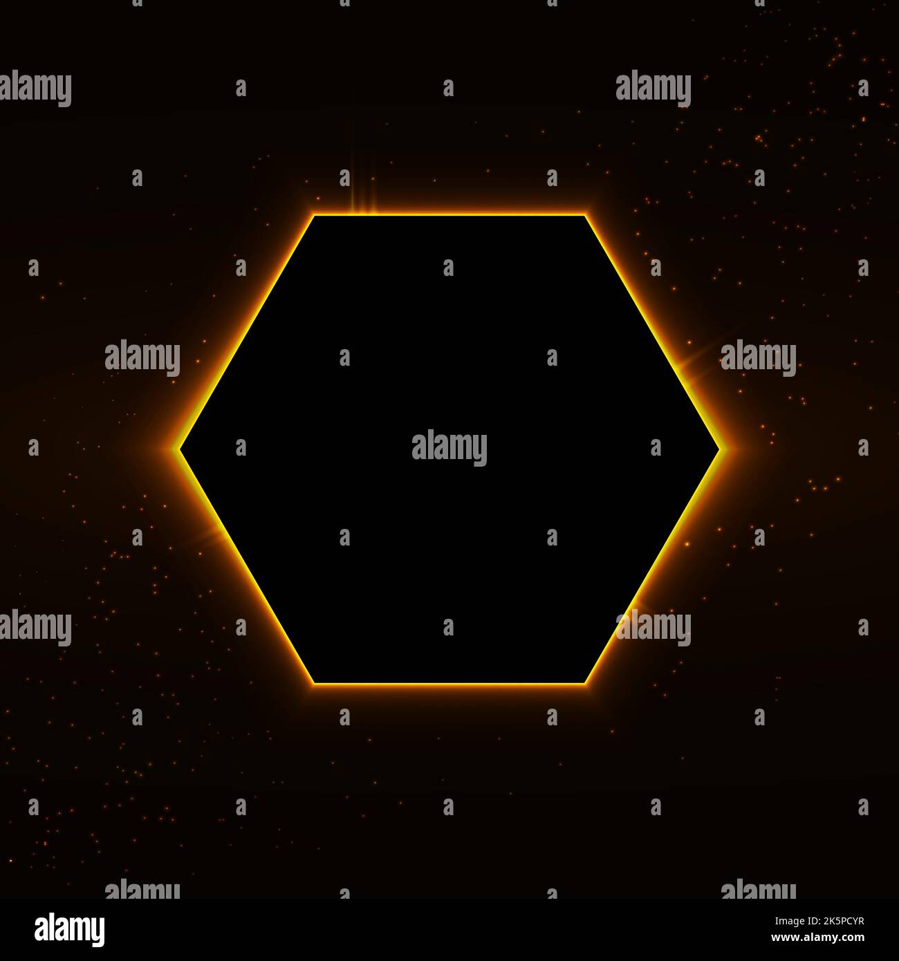 Goldene Sechseck-Form mit Leuchteffekt isoliert auf schwarzem Hintergrund. Leuchtender Bilderrahmen. Goldener Luxus realistische Grenze. Hochzeit, Mütter oder Stock Vektor