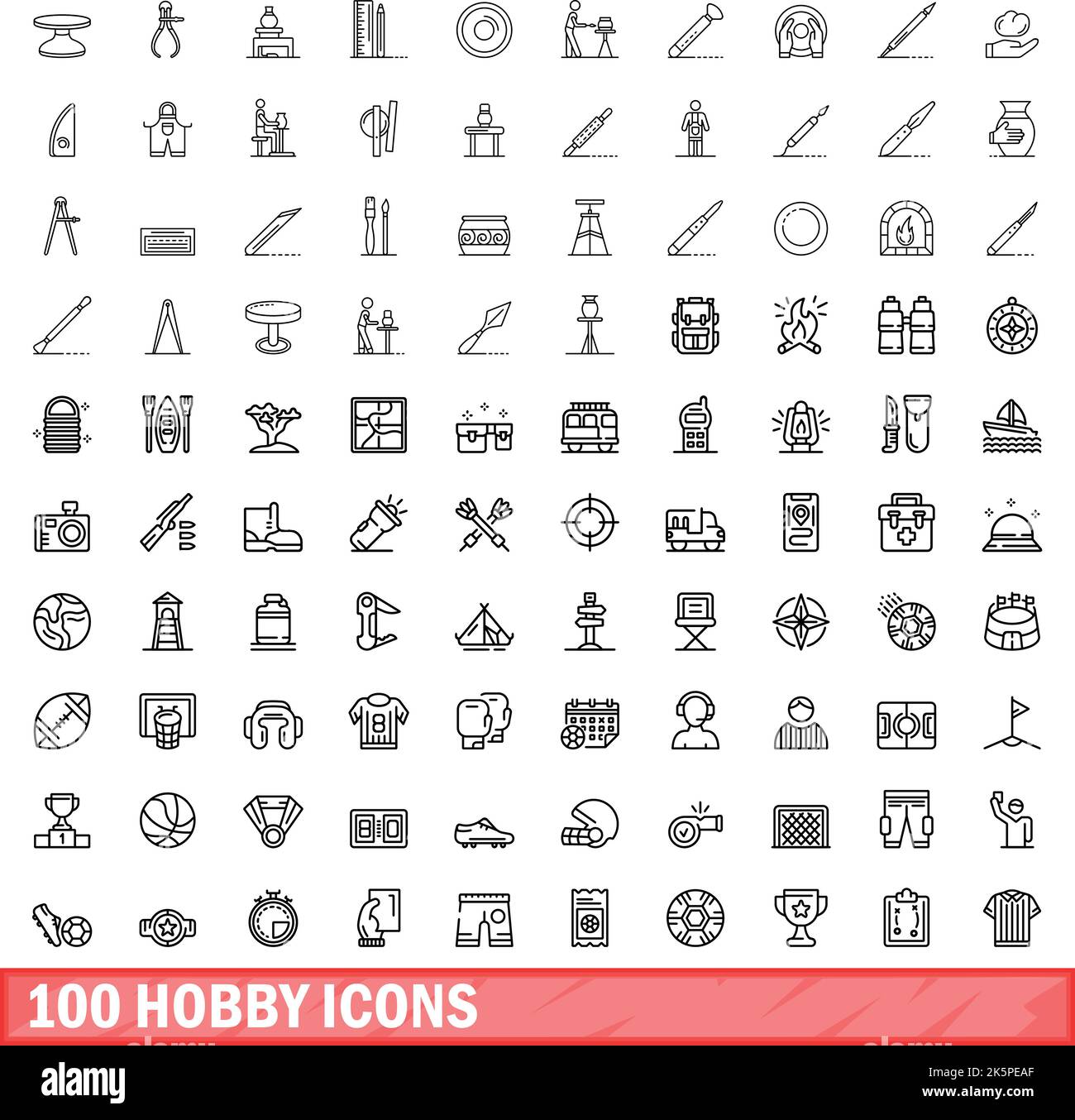 100 Hobby Icons Set. Skizzieren Illustration von 100 Hobby-Symbole Vektor-Set isoliert auf weißem Hintergrund Stock Vektor