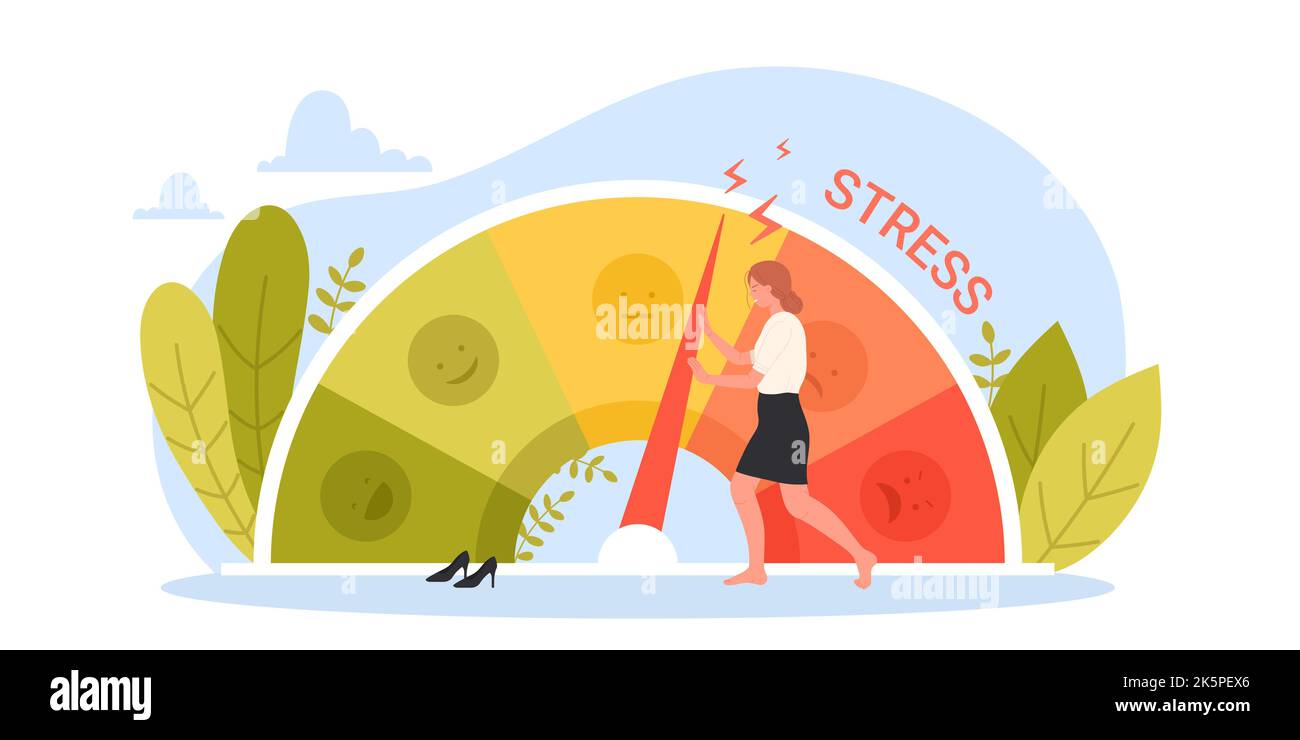 Stresslevel, Stimmung und Emotionen – Vektordarstellung. Cartoon kleine Geschäftsfrau schieben mit Mühe Pfeil auf dem Armaturenbrett Zifferblatt des Messgeräts, um Druck zu reduzieren und verwalten Spannung, Senkung der Depression Stock Vektor