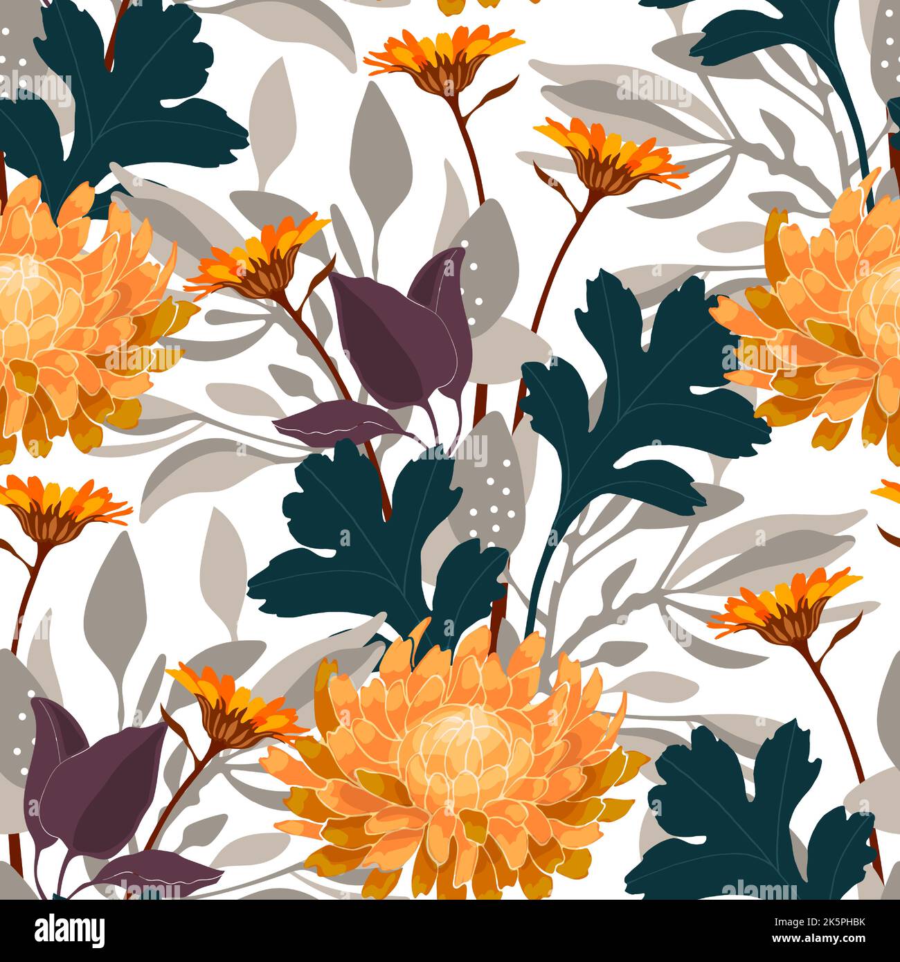 Vektor-Nahtloses Blumenmuster. Gelbe Chrysanthemen auf weißem Hintergrund. Stock Vektor