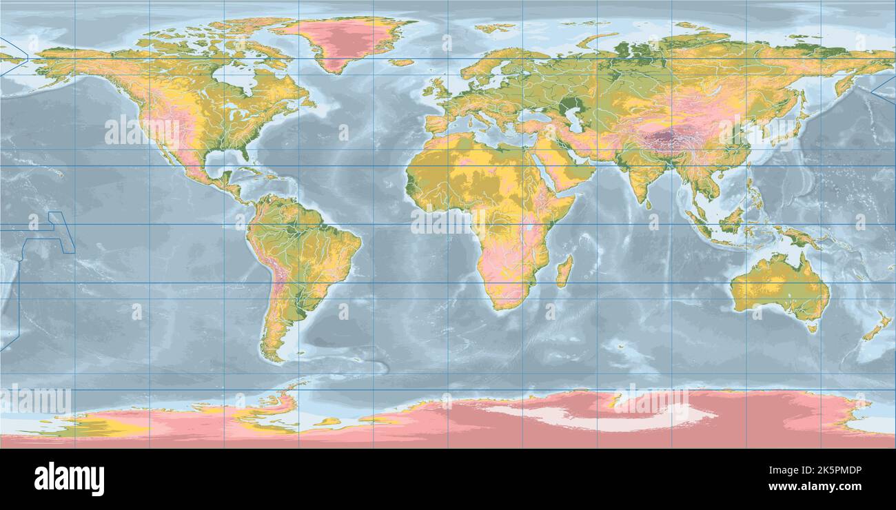 Topographische leere Weltkarte Äquirechteckige Projektion Stock Vektor