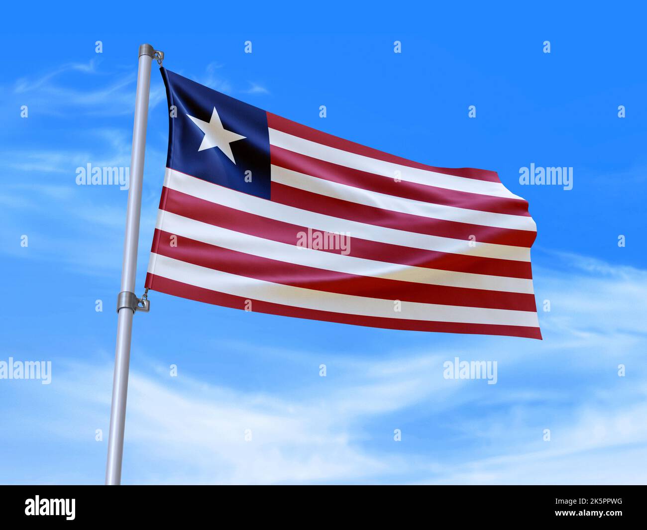 Schöne Liberia Flagge winkt im Wind mit Himmel Hintergrund - 3D Abbildung - 3D rendern Stockfoto