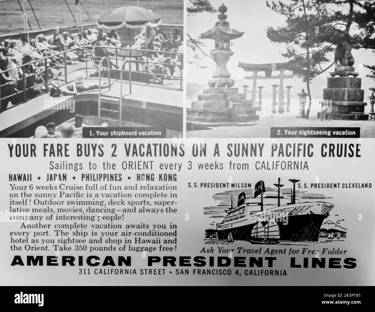 American President Lines Cruise, Kreuzfahrten Reisewerbung in der Zeitschrift NatGeo, 1954 Stockfoto