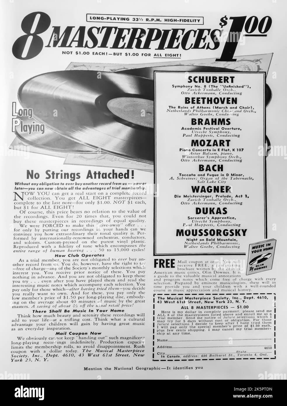 Musical Masterpiece Society Klassische Musik nimmt Werbeaufzeichnungen im Magazin NatGeo, 1954 auf Stockfoto