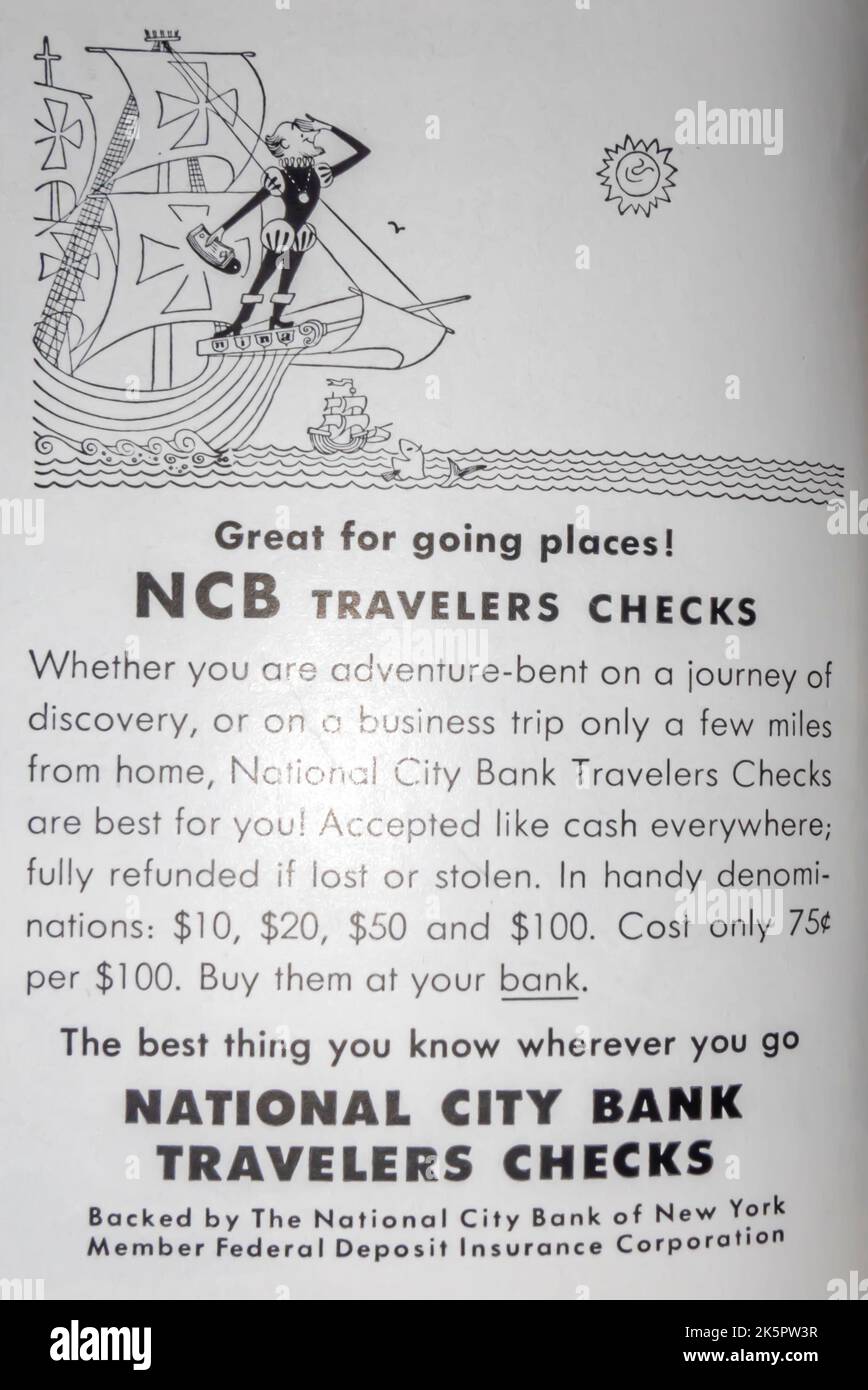 NCB Travellers Checks Adverisement in NatGeo Magazine, 1954 Stockfoto