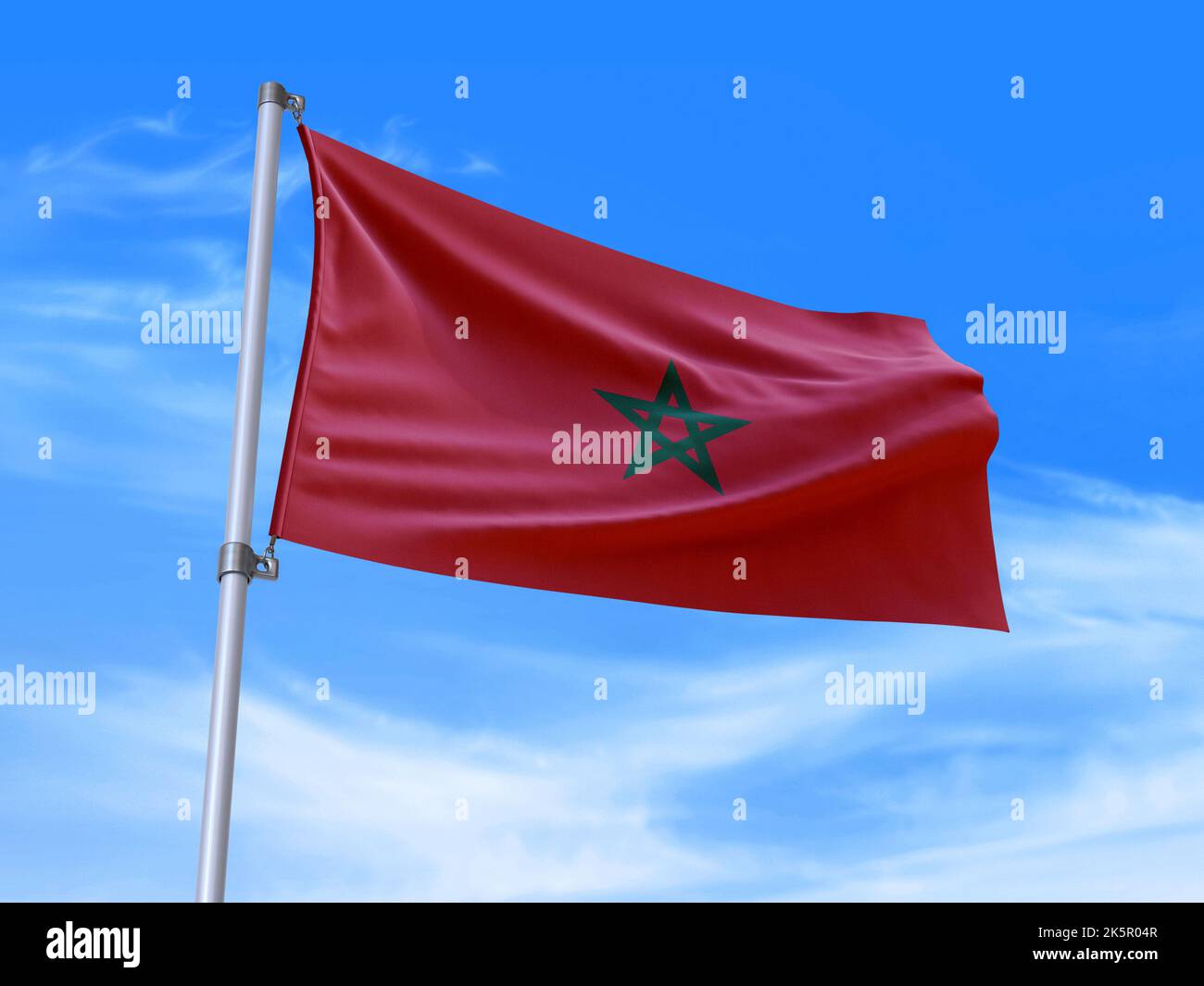 Schöne Marokko Flagge winkt im Wind mit Himmel Hintergrund - 3D Abbildung - 3D Rendern Stockfoto