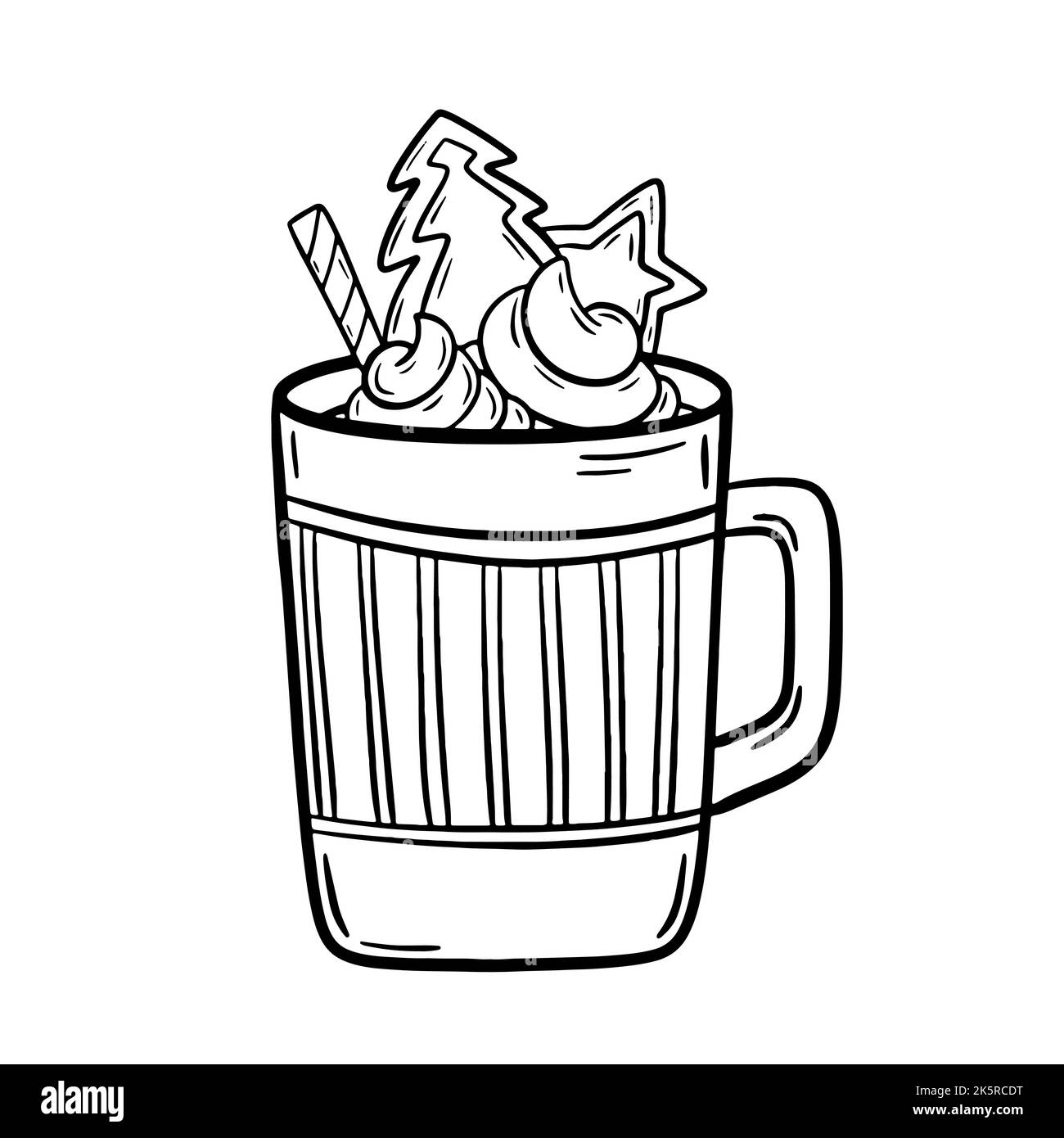 Weihnachtstasse mit heißer Schokolade oder Kaffee mit Schlagsahne und Waffelrollen. Vektorgrafiken im Cartoon-Stil. Tasty Warm Drink Färbung Seite Stock Vektor