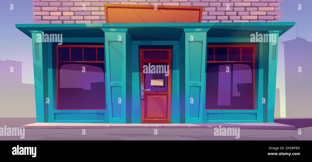 Schaufensterfassade, Café, traditionelle Ladenfront, Stadtarchitektur-Gebäude mit Schild an geschlossener Tür und großen Fenstern. Kleine Einzelhandelsboutique, Bäckerei oder Lebensmittelgeschäft außen, Cartoon-Vektor-Illustration Stock Vektor