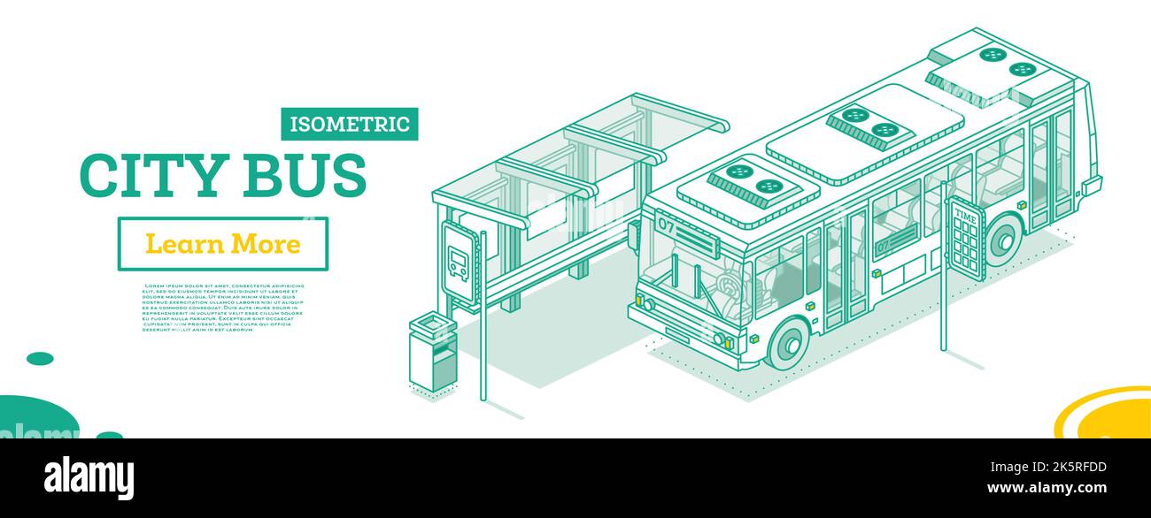 City Bus und Bushaltestelle. Isometrisches Konzept. Vektorgrafik. Designelement für Infografik-Projekte. Stadtverkehr. Stock Vektor