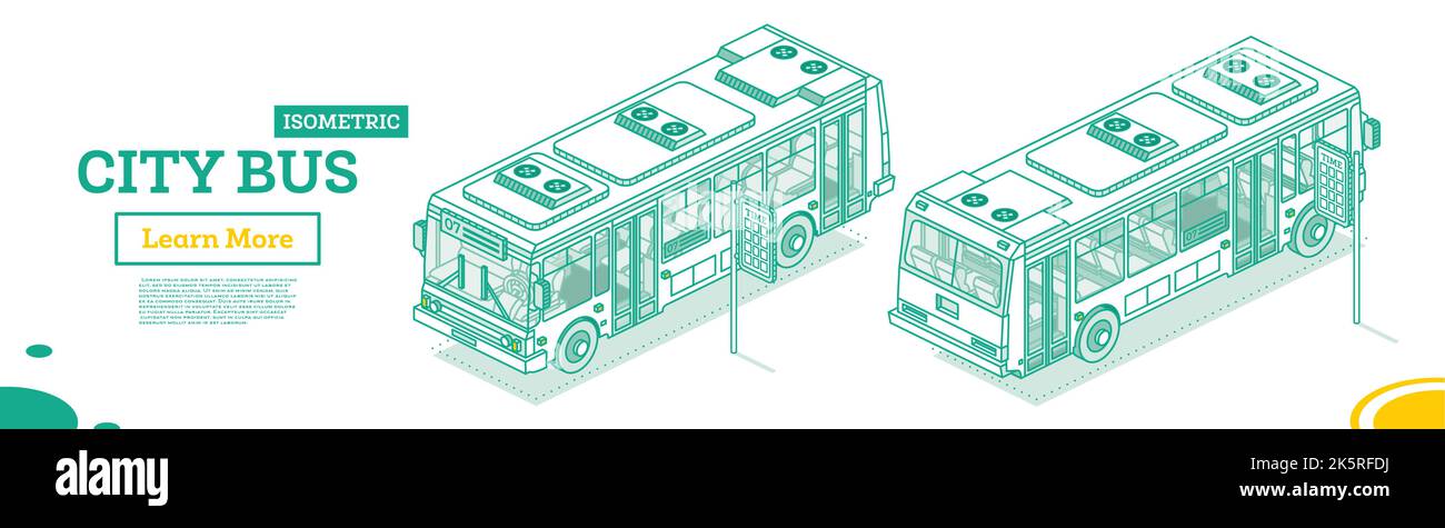 City Bus Isometrisches Konzept. Vektorgrafik. Designelement für Infografik-Projekte. Türen auf der linken Seite des Busses und auf der rechten Seite. Stock Vektor