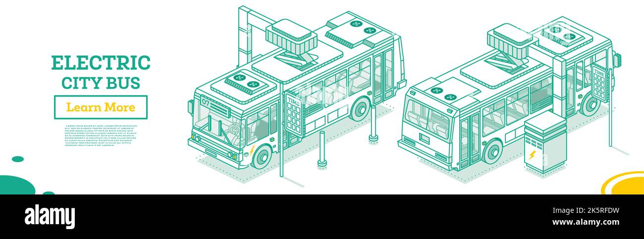 Isometrischer elektrischer Bus an der Ladestation. Vektorgrafik. Ökologischer Öffentlicher Verkehr. Skizzieren Sie Das Konzept. Stock Vektor