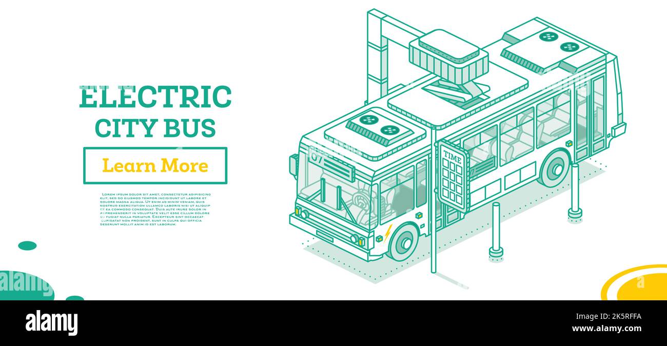 Isometrischer elektrischer Bus an der Ladestation. Vektorgrafik. Ökologischer Öffentlicher Verkehr. Skizzieren Sie Das Konzept. Stock Vektor