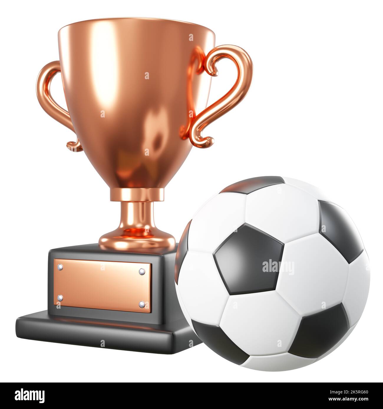 Bronze Trophäe Tasse und Fußball oder Fußball auf weißem Hintergrund isoliert. Eingebettete Beschneidungspfade . 3D Rendering . Stockfoto