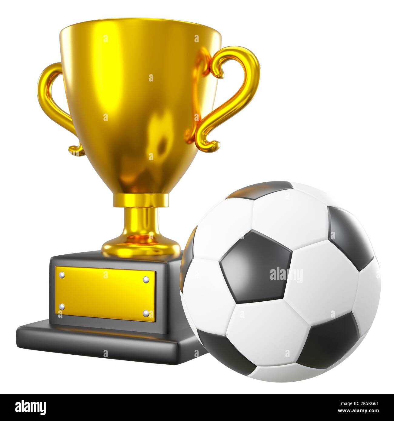 Gold Trophäe Tasse und Fußball oder Fußball auf weißem Hintergrund isoliert. Eingebettete Beschneidungspfade . 3D Rendering . Stockfoto