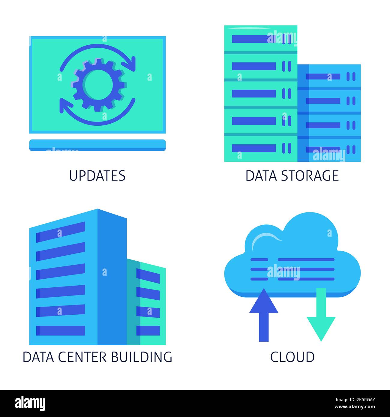 Datenspeicherung und Aktualisierung flacher Symbolsatz. Symbole für die Synchronisierung von Rechenzentren und Clouds. Vektorgrafik. Stock Vektor