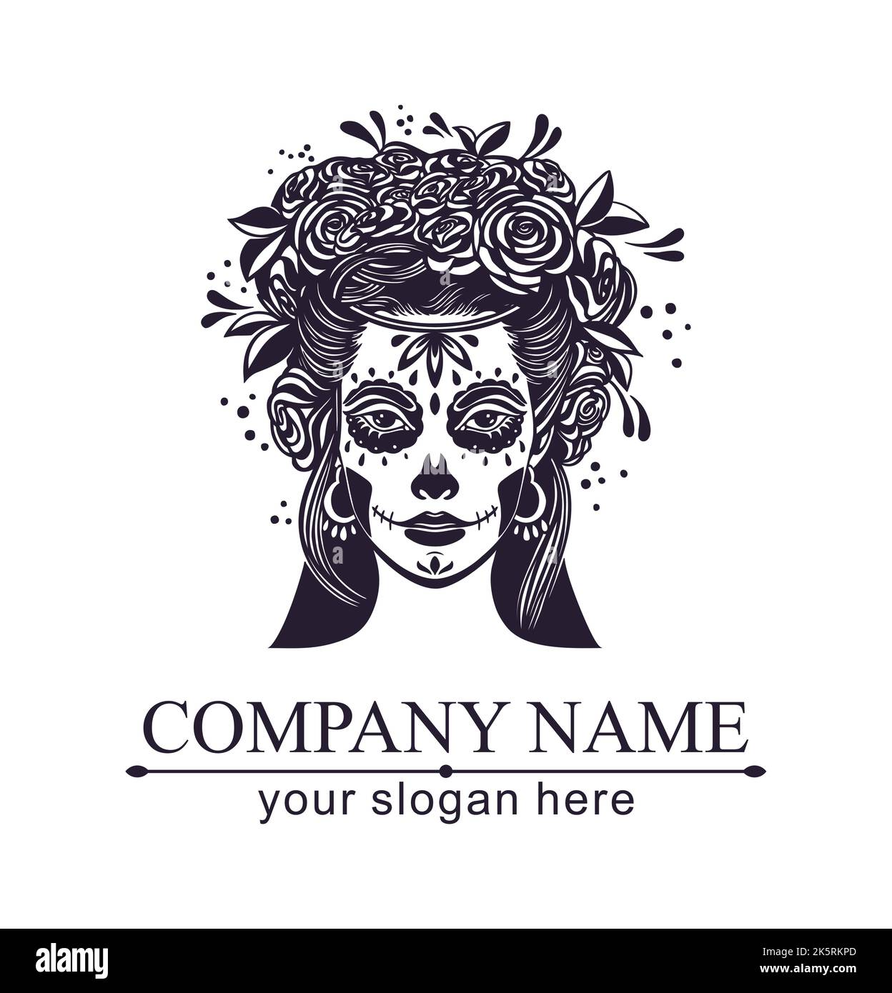 Logo im Calavera-Stil. Dia de los muertos, Tag der Toten ist ein mexikanischer Feiertag. Mädchen mit Blumen im Haar und Frau mit Make-up - Zucker Schädel. Stock Vektor