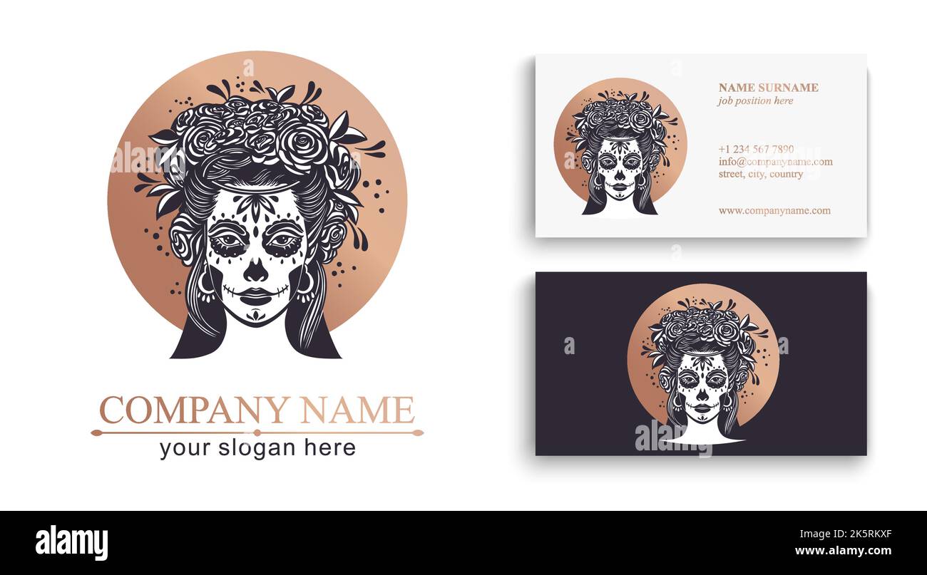 Logo im Calavera-Stil. Dia de los muertos, Tag der Toten ist ein mexikanischer Feiertag. Mädchen mit Blumen im Haar und Frau mit Make-up - Zucker Schädel. Stock Vektor