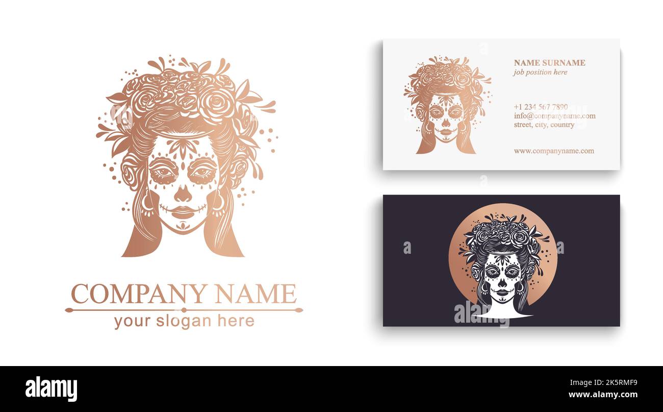 Logo im Calavera-Stil. Dia de los muertos, Tag der Toten ist ein mexikanischer Feiertag. Mädchen mit Blumen im Haar und Frau mit Make-up - Zucker Schädel. Stock Vektor