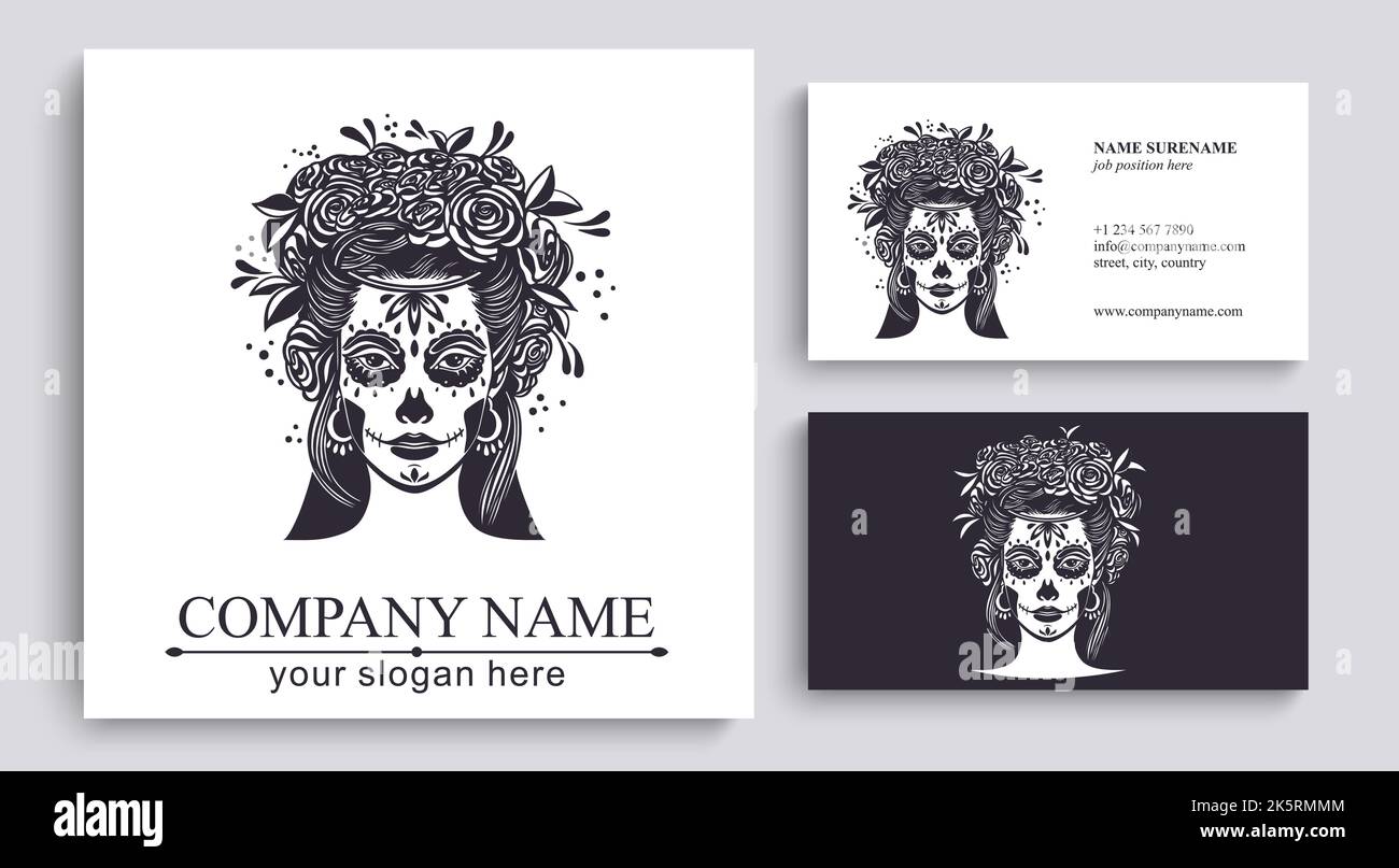 Logo im Calavera-Stil. Dia de los muertos, Tag der Toten ist ein mexikanischer Feiertag. Mädchen mit Blumen im Haar und Frau mit Make-up - Zucker Schädel. Stock Vektor