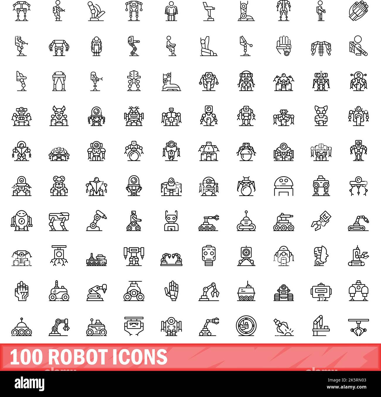 100 Robotersymbole eingestellt. Skizzieren Sie die Darstellung von 100 Robotersymbolen, die auf weißem Hintergrund isoliert sind Stock Vektor