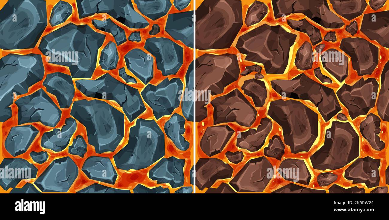 Lava, Magma mit Steinen im Cartoon-Stil nahtlose Muster Hintergrund. Eruptionseffekt, Landschaft. Struktur, Design. Vektorgrafik Stock Vektor