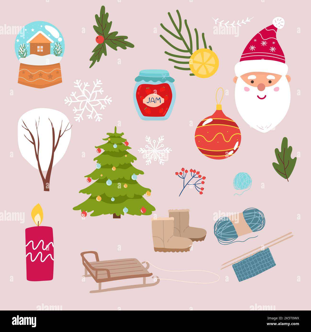 Set von Weihnachten und Neujahr Elemente mit Tieren und Santa. Vektor-Illustration. weihnachtsmann, weihnachtskugeln, Hirsch, Bogen, Kalender, Cremebecher, Socken Stock Vektor