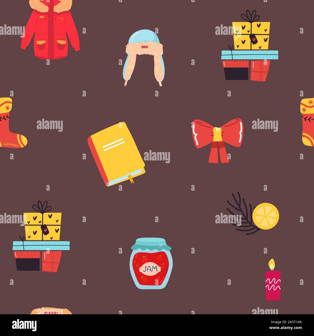 Urlaub Nahtloses Muster, Weihnachtsplätzchen. Schal, Glaskugel, Kerze, Hut, Jacke, Glocke, Schlittschuhe Weihnachten Winter Poster Kollektion. Kreative Textur für Stock Vektor