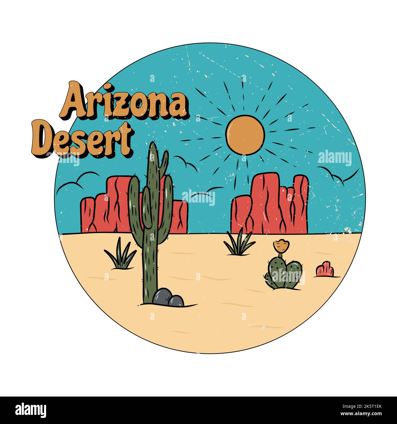 Arizona Wüste vibes mit Kaktus und Berg. Print-Design für Kleidung, Aufkleber, T-Shirt und andere. Retro-Illustration im Vintage-Stil Stock Vektor