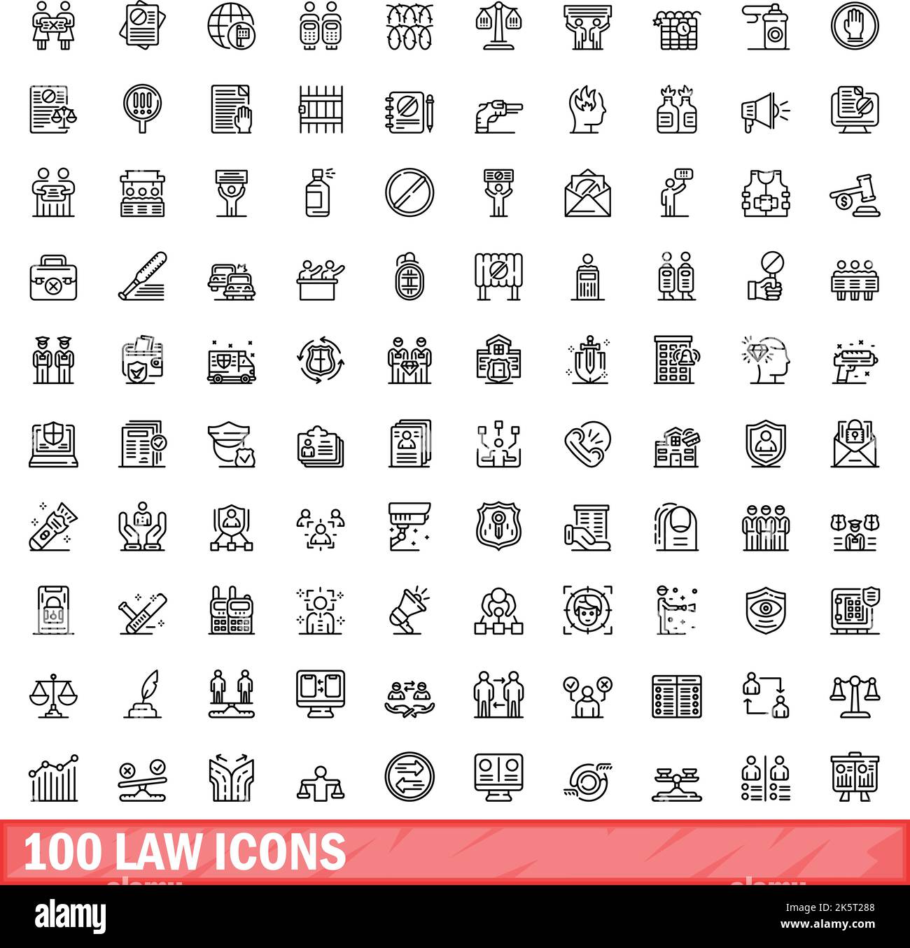 100 Symbole für Gesetze festgelegt. Skizzieren Sie die Darstellung von 100 Gesetzensymbolen, die auf weißem Hintergrund isoliert sind Stock Vektor